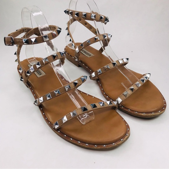 Steve Madden Shoes - Steve Madden Women's 10 Tan Nude Gladiator Studded Flat Ankle Wrap Sandal